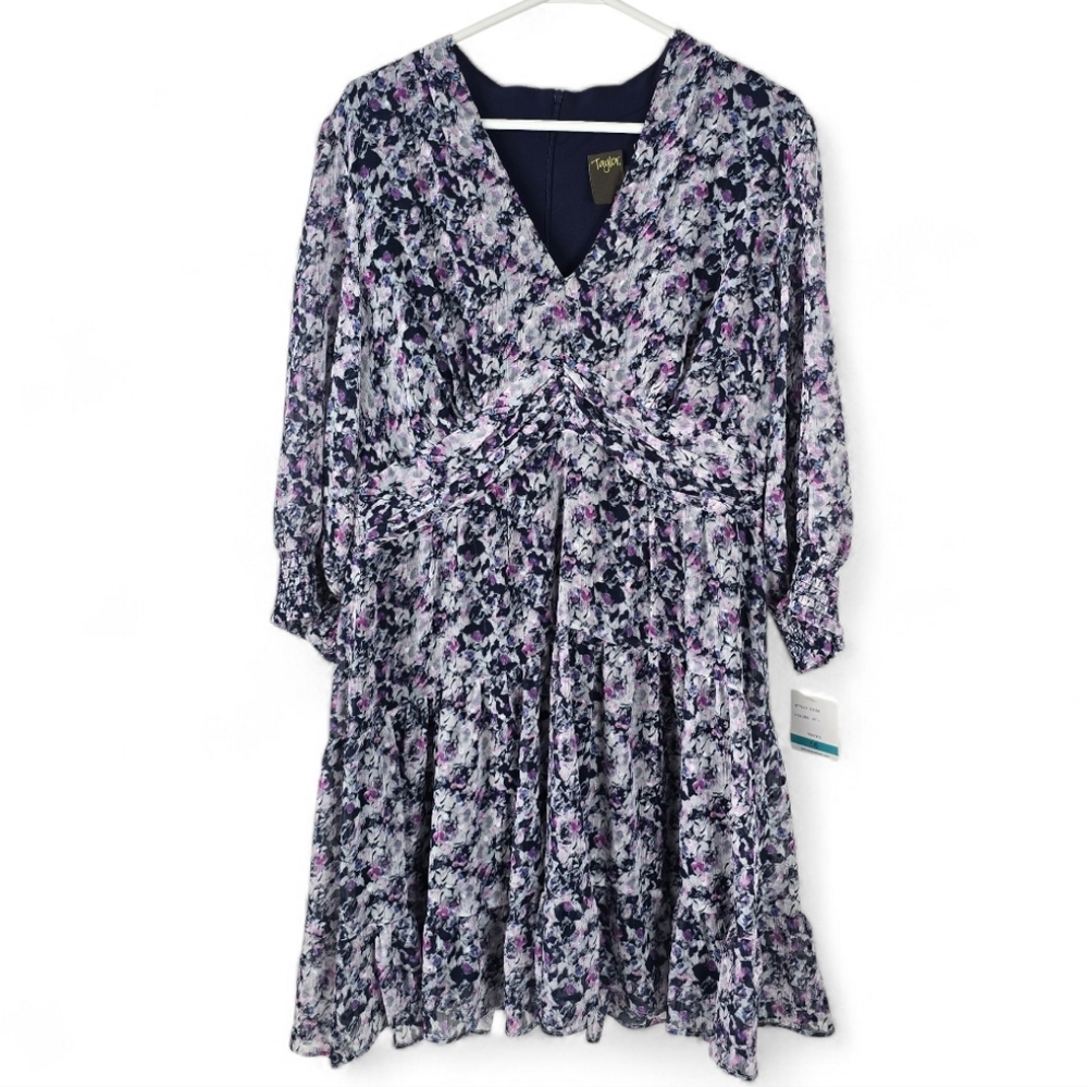 NWT Taylor Long Sleeve V Neck Fit n' Flare Dress Size 16 Navy Purple